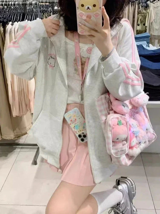 Harajuku Gato Bordado Oversized Hoodie