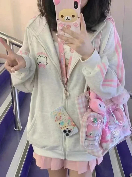 Harajuku Gato Bordado Oversized Hoodie