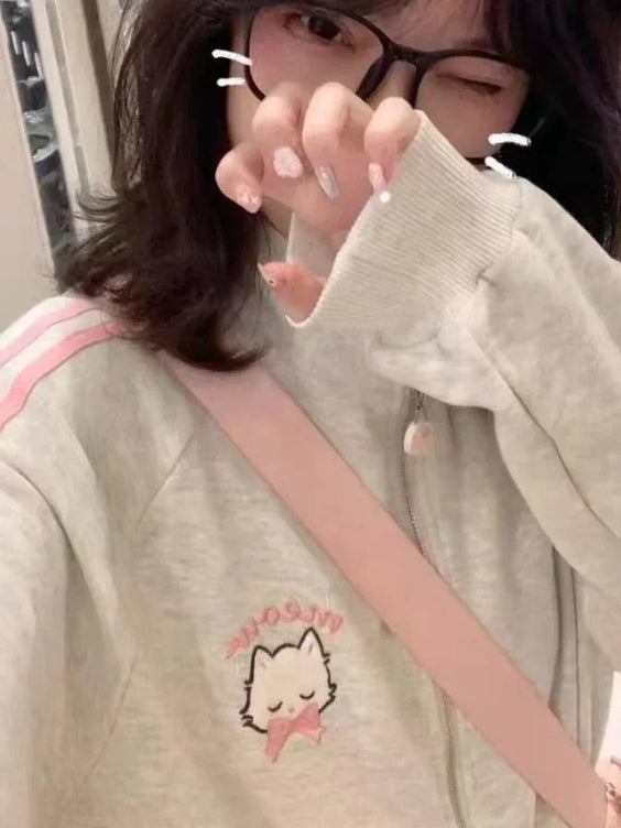 Harajuku Gato Bordado Oversized Hoodie